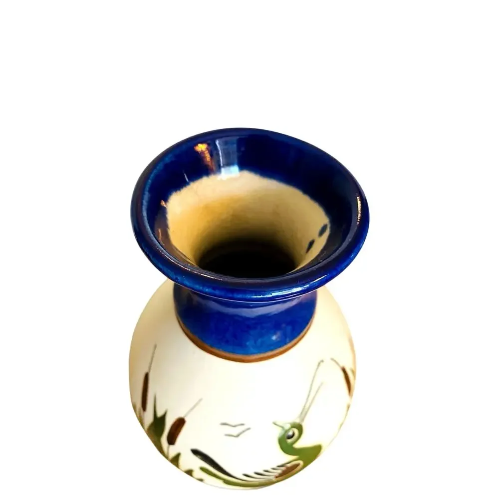 Vintage Tonala Mexico Hand Painted Pottery Vase Blue Neck Bird & Cattails